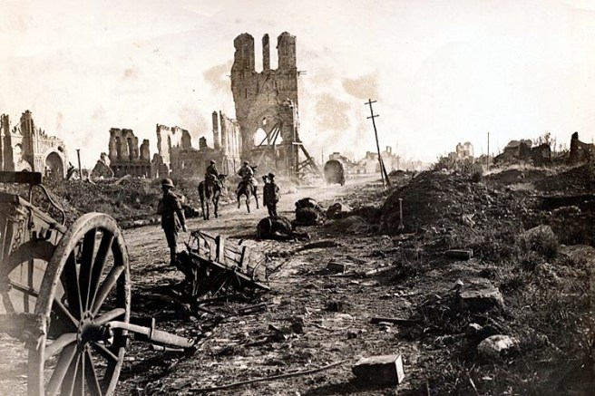 Soldiers Walk Through Destruction in Ypres During WWI